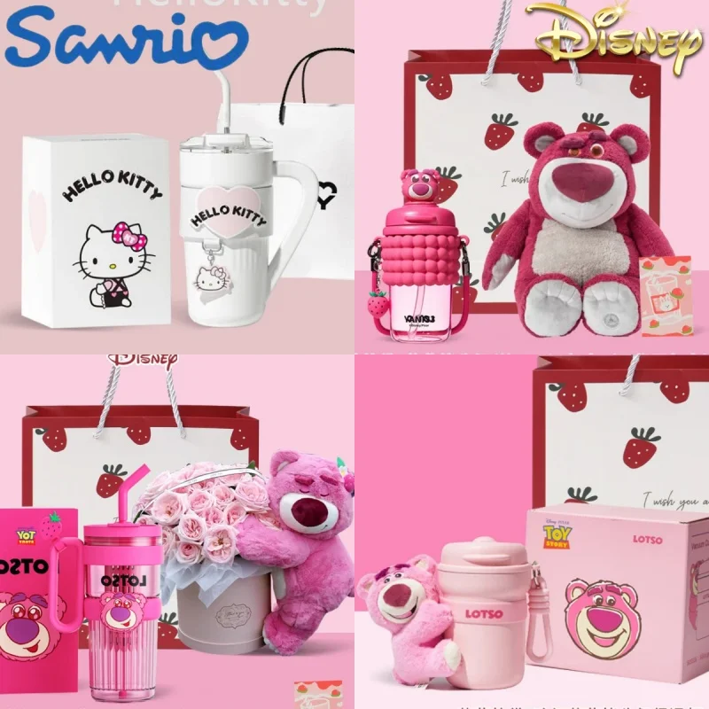 

Новинка, множество стилей, оригинальные соломенные чашки для воды Disney Lotso Kuromi Hello Kitty, уличные подарки на день Святого Валентина