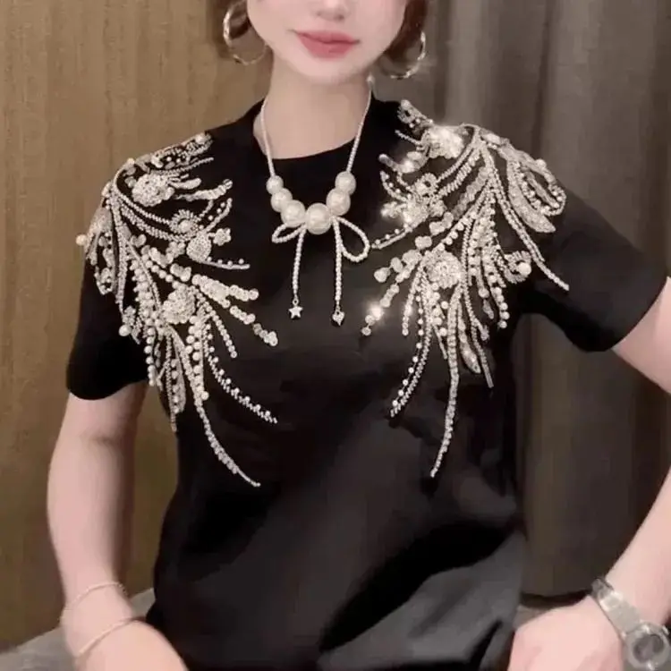 

Premium beaded sequined loose top 2026 summer new European casual round neck short-sleeved T-shirt women