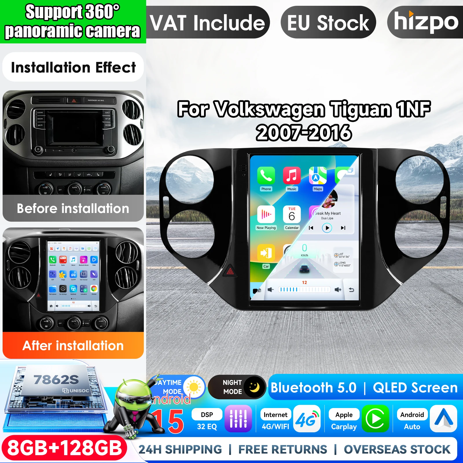 Hizpo 9,7 Zoll Tesla-Style Autoradio für Volkswagen Tiguan 1NF 2007 - 2016 Android Auto 4G Wireless Carplay DSP Multimedia-Player 2Din Stereo Autoradio Navigation GPS Auto-KI-Intelligentes System Head