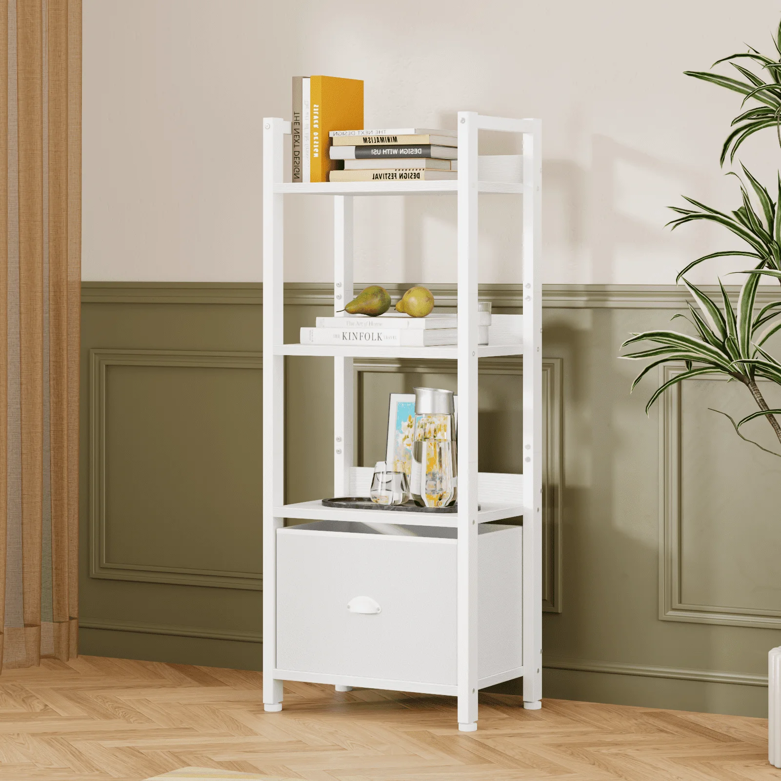

4 Tier Ladder Bookcase with Removable Drawer Tall Standing Bookshelf,White