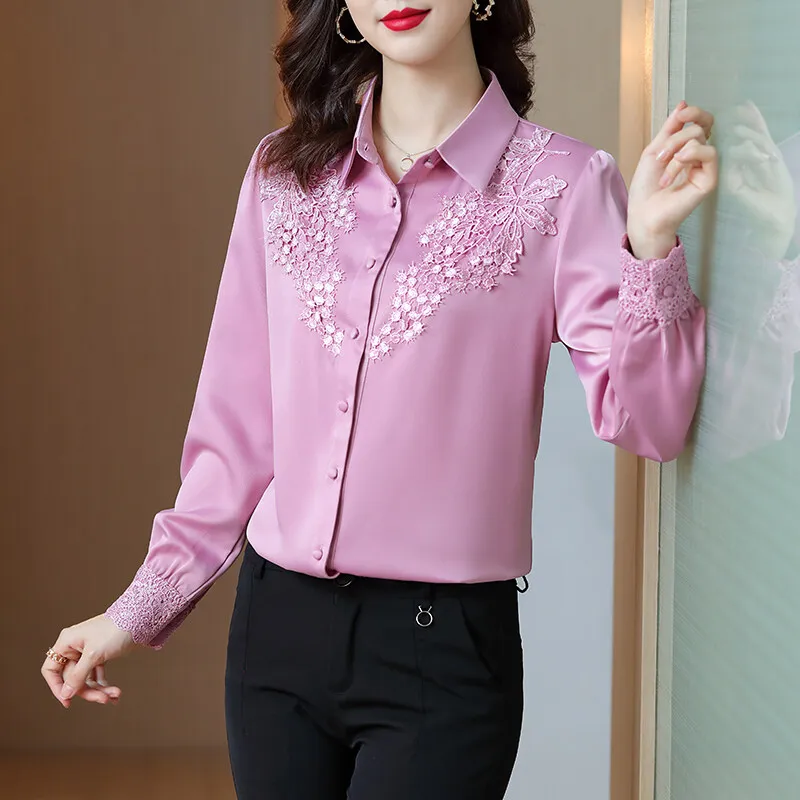 

Spring Autumn Women's Solid Color Embroidered Lantern Long Sleeve Patchwork Button Office Lady Flattering Cardigan Clothing Tops