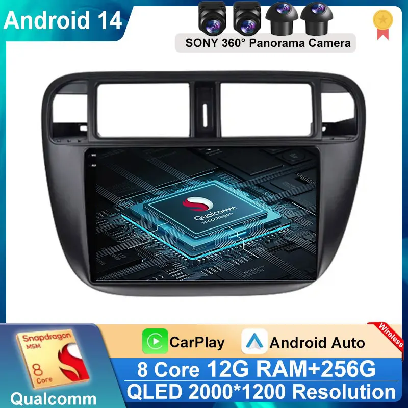 LHD for Honda Civic (EJ/EK/EM) 1995 - 2001 Car Mulltmedia Player GPS Android 14 Wireless Carplay DSP Stereo BT QLED IPS Screen