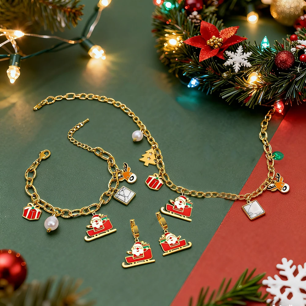 

New Stainless Steel Santa Claus Elk Christmas Tree Pendant Necklace Bracelet Earrings Women Christmas Jewelry Set Gift