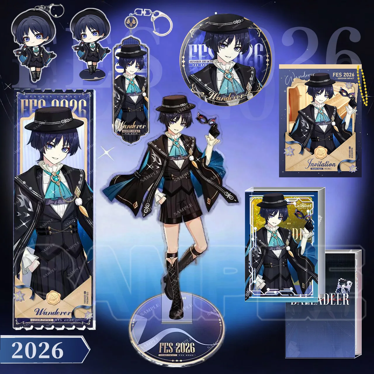 Genshin Impact Wanderer 2026 FES  Character Peripheral 8pcs Set Double Flash Badge 16CM Large Acrylic Standee Keychain