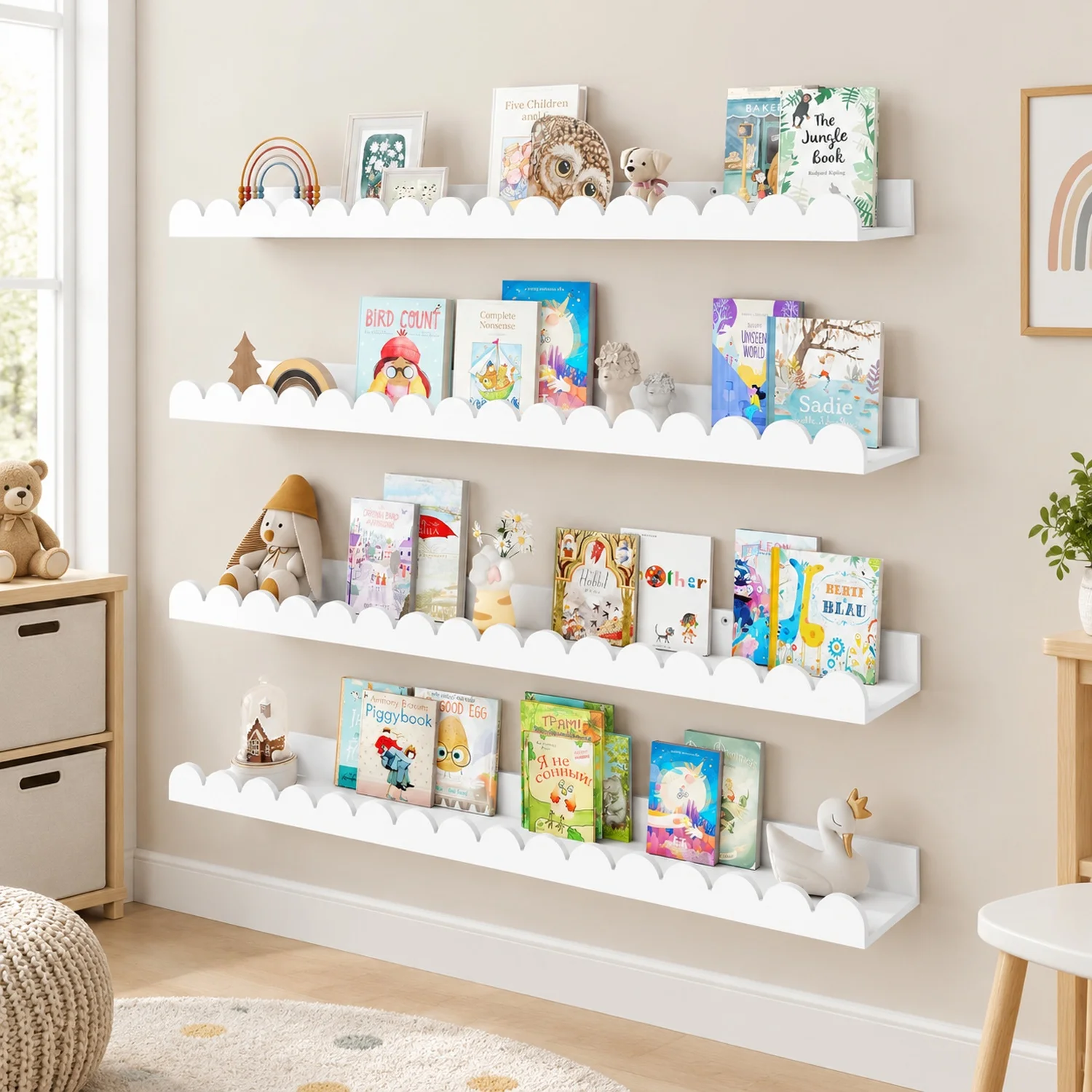 32 Inch White Floating Shelf, Scalloped Picture Ledge for Nursery, Set of 4, Wall Mounted Book Shelves Kids Room, Toddler