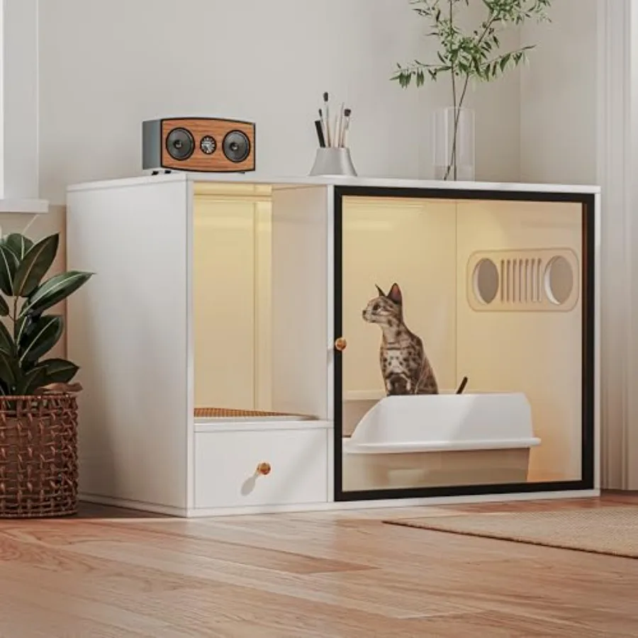 

Furniture-style white cat litter box enclosure with large hidden glass door integrated lighting and storage drawer designed for
