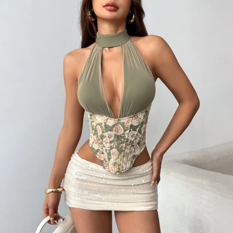 Women Halter Deep V Corset Top Mesh Splice Floral Print Fishbone Boned Waist Back Lace Up Tie Slim Cropped Bustier Sexy Camisole