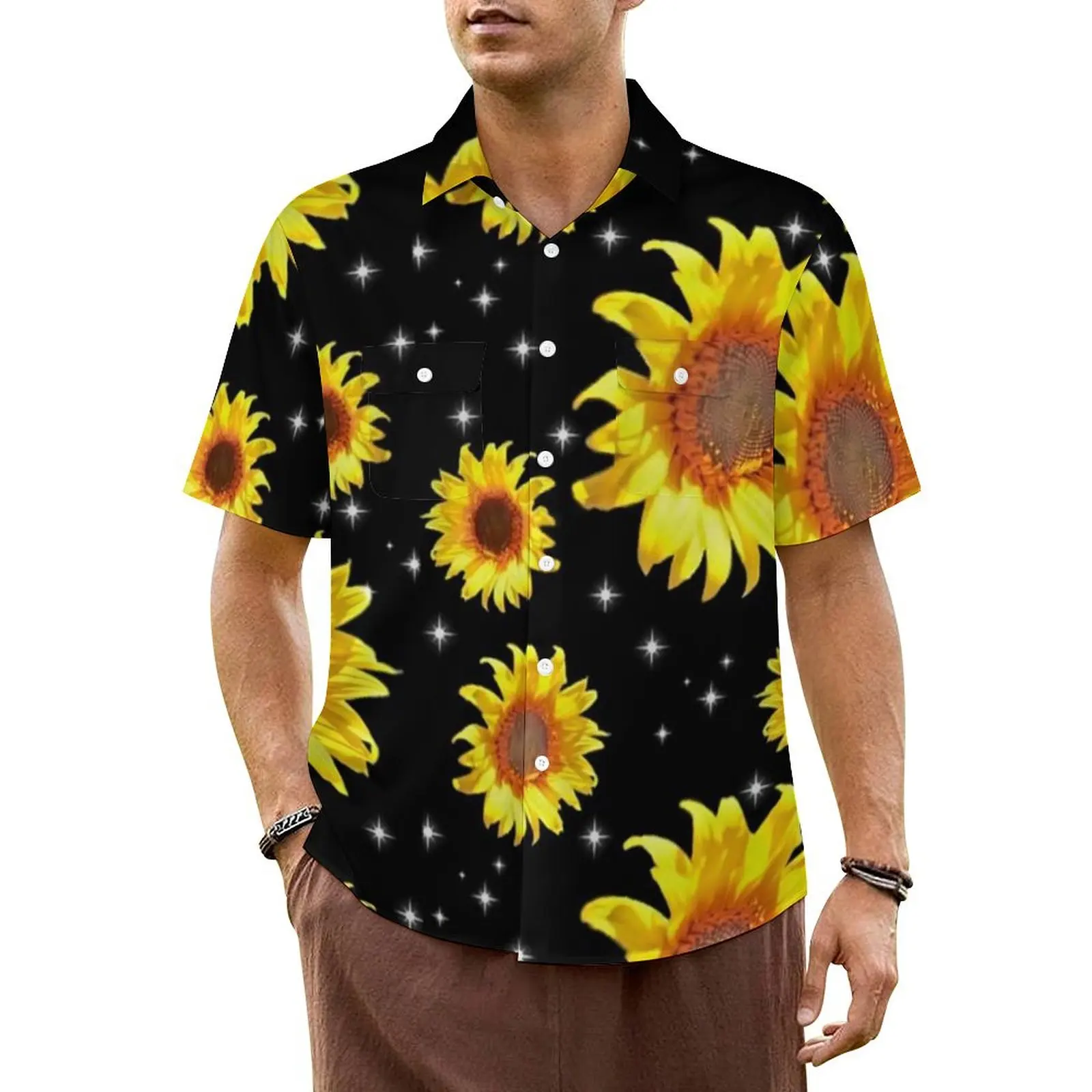 

Sunflower Art Vacation Shirt Male The Stars of Sunflowers Print Trendy Casual Shirts Hawaii Short Sleeve Oversized Blouses Gift