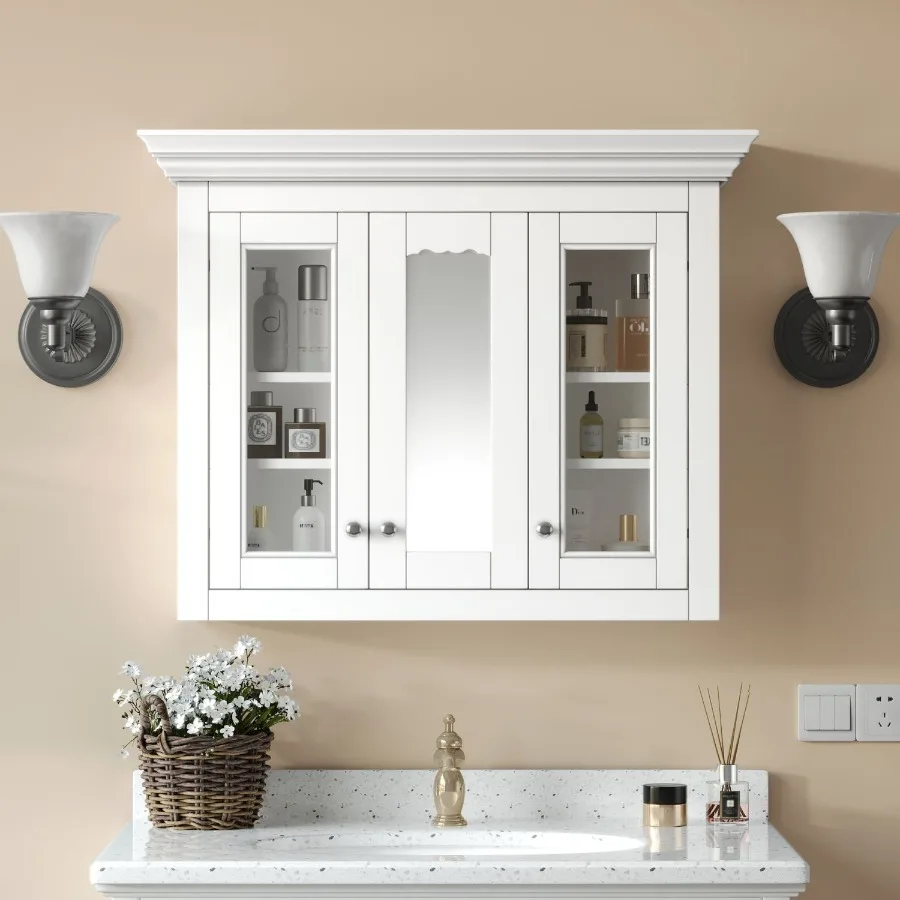 

35 Bathroom Medicine Cabinet with Mirror 5 Closed Adjustable Shelves Bathroom Wall Mounted Storage Cabinet with Glass Doors