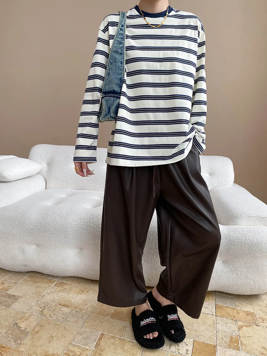 

American retro contrasting striped round neck loose slimming long sleeved T-shirt