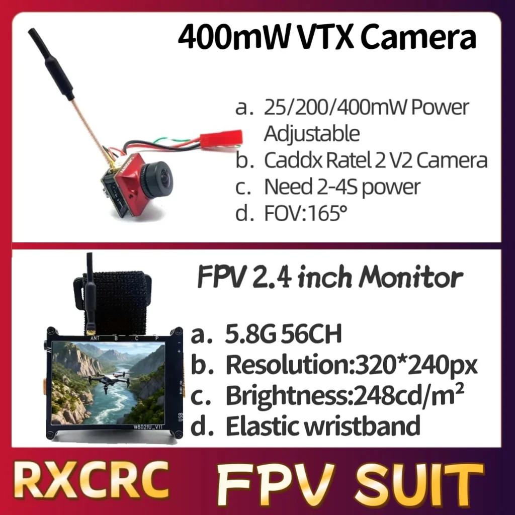 RXC 5.8G 모듈 송신기 400mW VTX Caddx Ratel 2 V2 카메라 올인원, FPV 2.4인치 모니터. RC 멀티콥터 FPV 드론 부품용.
