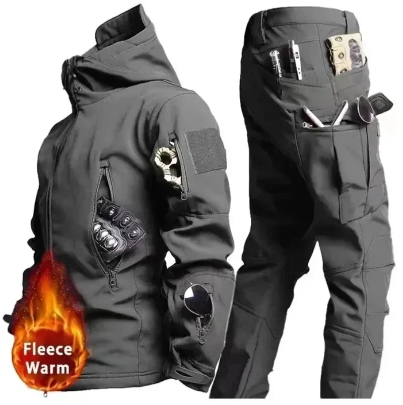 2024 outdoor Winter Special Tactics Training Soft Shell peluche spessa giacca e pantaloni caldi con cappuccio antivento impermeabile