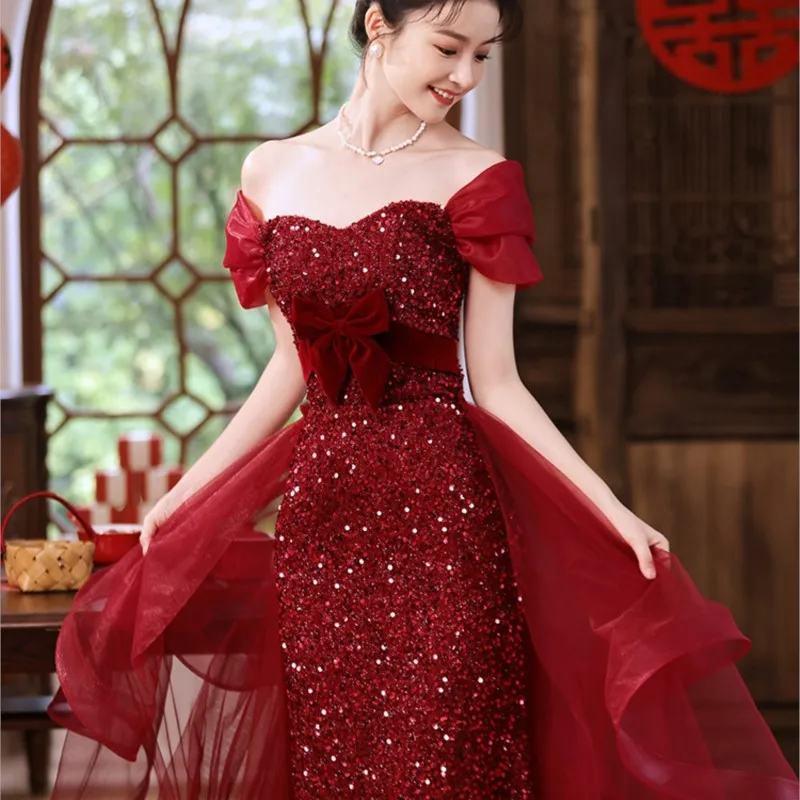 

shoulder red toasting dress new back banquet