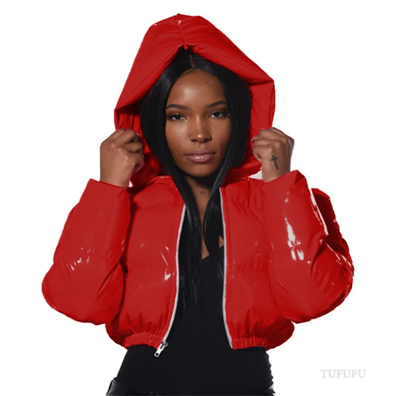 Fashion Cute Women Bright PU Pink Puffer Jacket Winter Warm Bubble Coats Shiny Leather Parkas Down Zipper Cropped Jackets Parkas