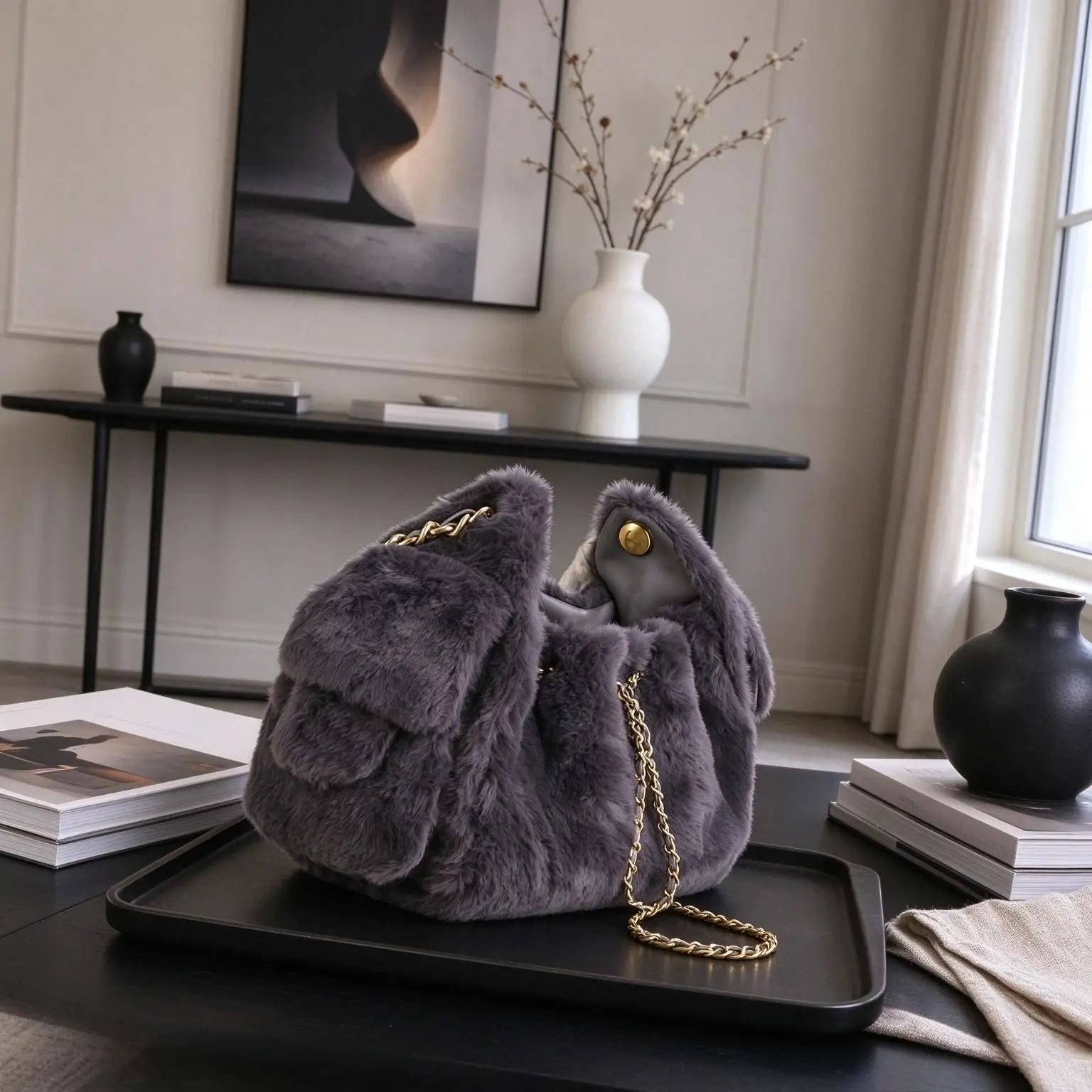 Elegant Grey Plush Faux Fur Bucket Bag For Women Fluffy Texture Leather Woven Gold Chain Drawstring Crossbody Handbag