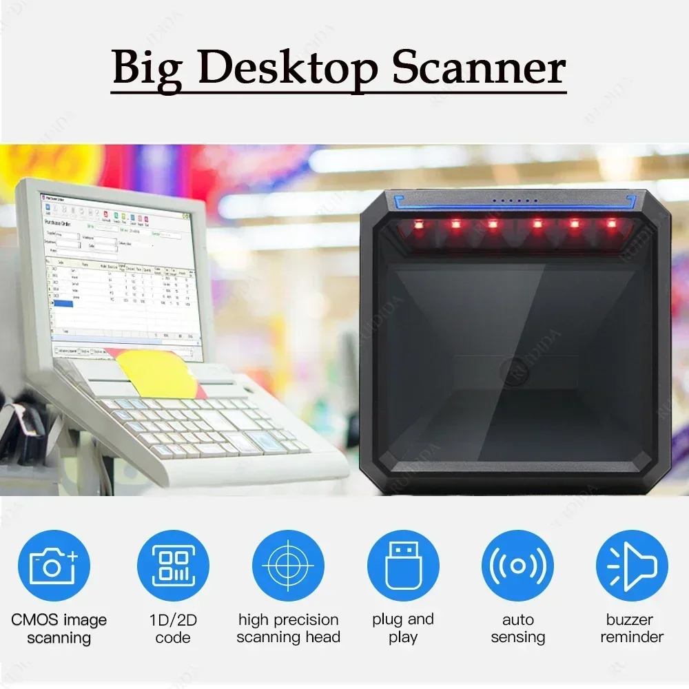 

2D настольный сканер штрих-кода, всенаправленный, проводной, громкой связи, USB, большой считыватель штрих-кодов, 1D QR-экран, сканер штрих-кодов