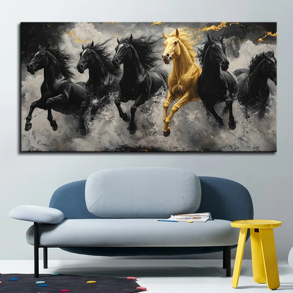 1.5 inch thick pine solid wood frame, horse canvas mural, eight running horses oil painting, animal painting art