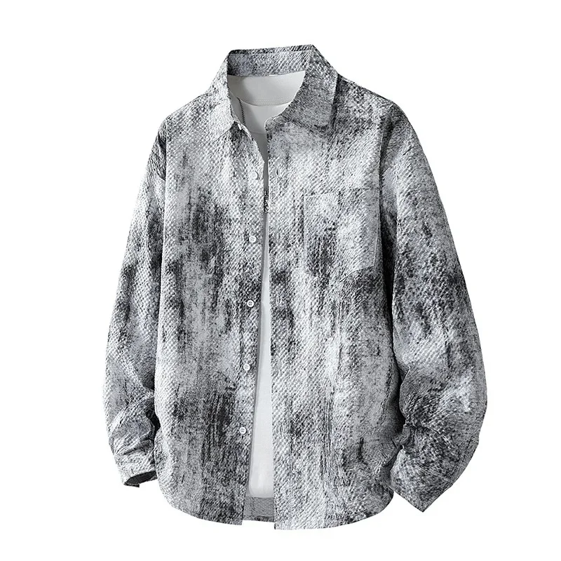 

Casual Camouflage Bubble Gauze Tie Dye Checkered Shirt Sleeve Loose Sun Protection Outerwear Men's Shirt Spring Autumn Overcoat