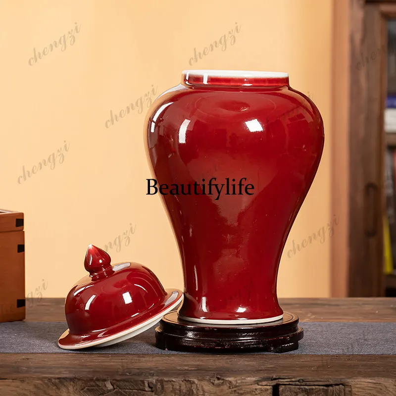 Antique general tank storage living room with lid ceramics Jingdezhen light luxury lang red Chinese ornament home vase