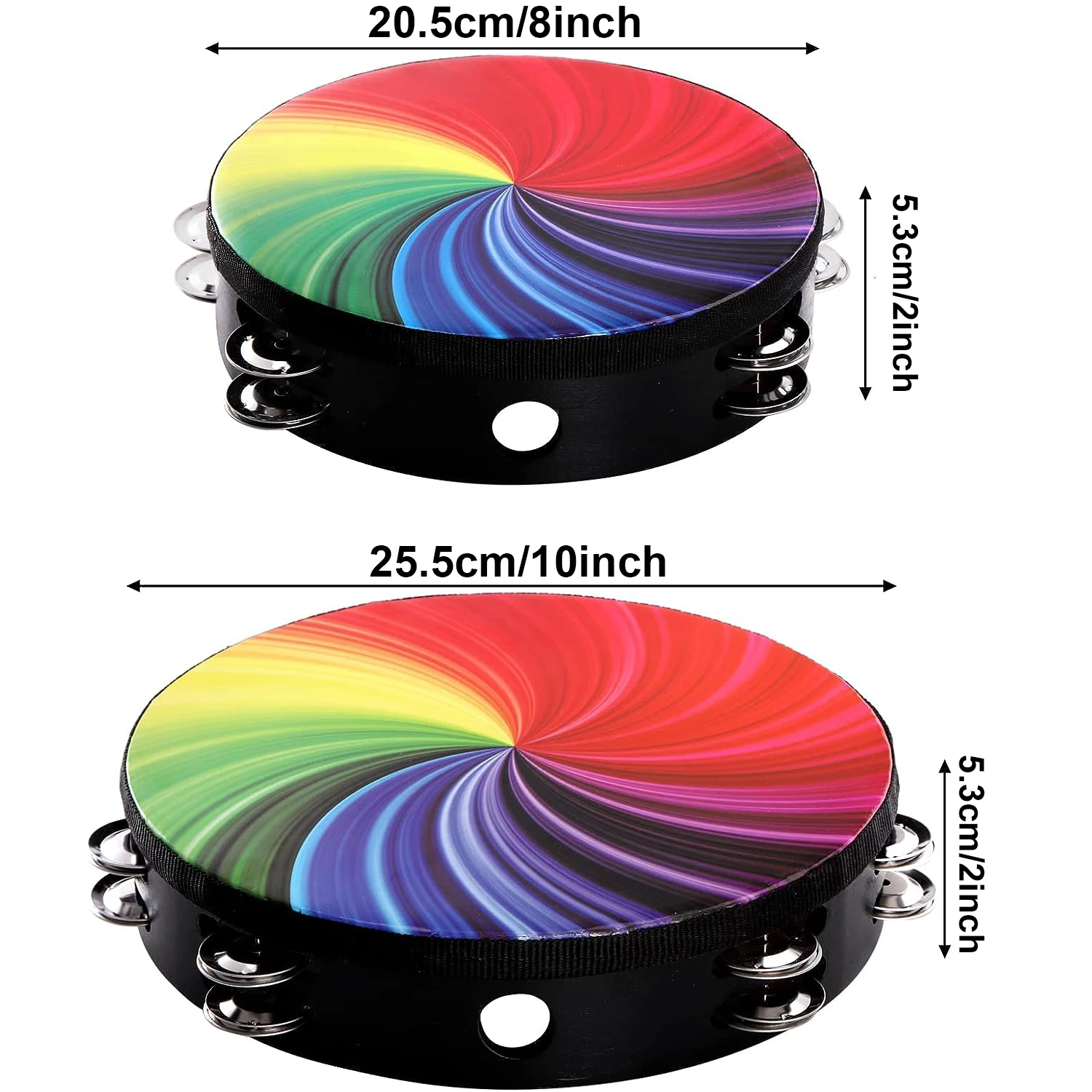 8/10-Inch Rainbow Wood Tambourine with Double Row Jingles Hand Held Drum Reflective Percussion Instrument for Party,  Church