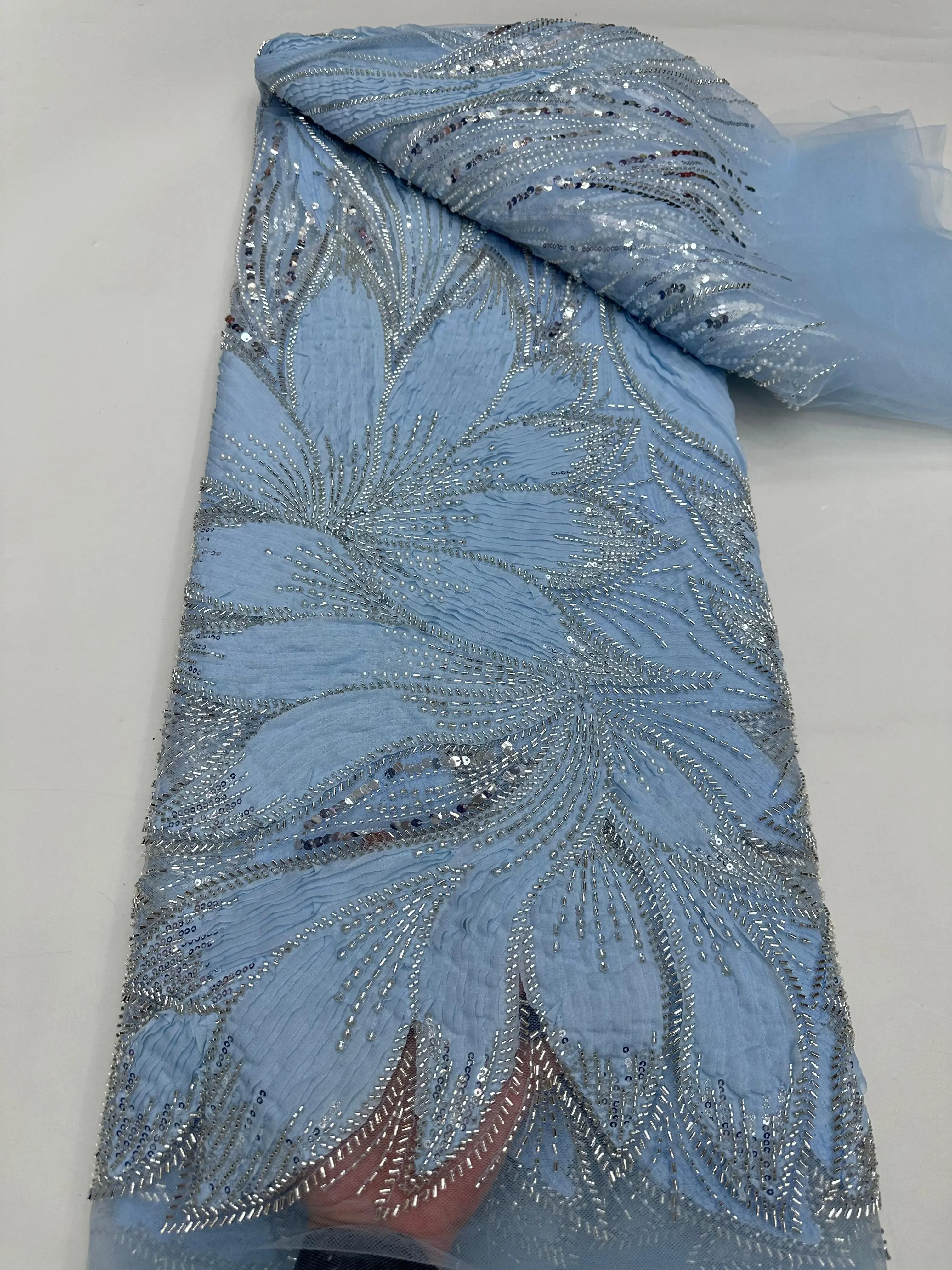 

2025 Luxury Elegant Handmade Embroidery Sequins Beaded Lace High Quality African Sequins Lace Fabric for Wedding Sewing T846