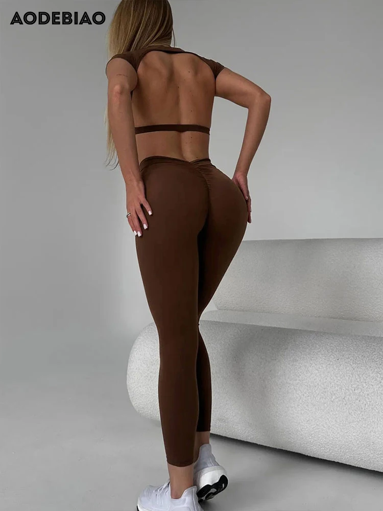AODEBIAO الرياضة اللياقة البدنية 2 قطعة مجموعة المرأة الصيف مثير عارية الذراعين تي شيرت سليم بنطلون قصيرة الأكمام تيز المحاصيل السراويل اليوغا مجموعة #6