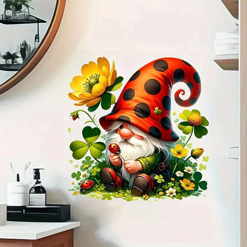 MT1276# Gnome & Ladybug Decor for Toilet Lid, Vinyl Car Sticker for Bathroom Decor, Outdoor Indoor Use Art Wall Paper