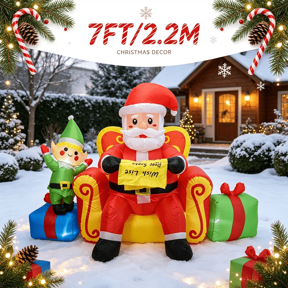 7FT Christmas Inflatable Toy LED Light Up Santa on Throne with Elf Wish List Inflatable Yard Decor Outdoor Lawn Xmas Decoration view 6
