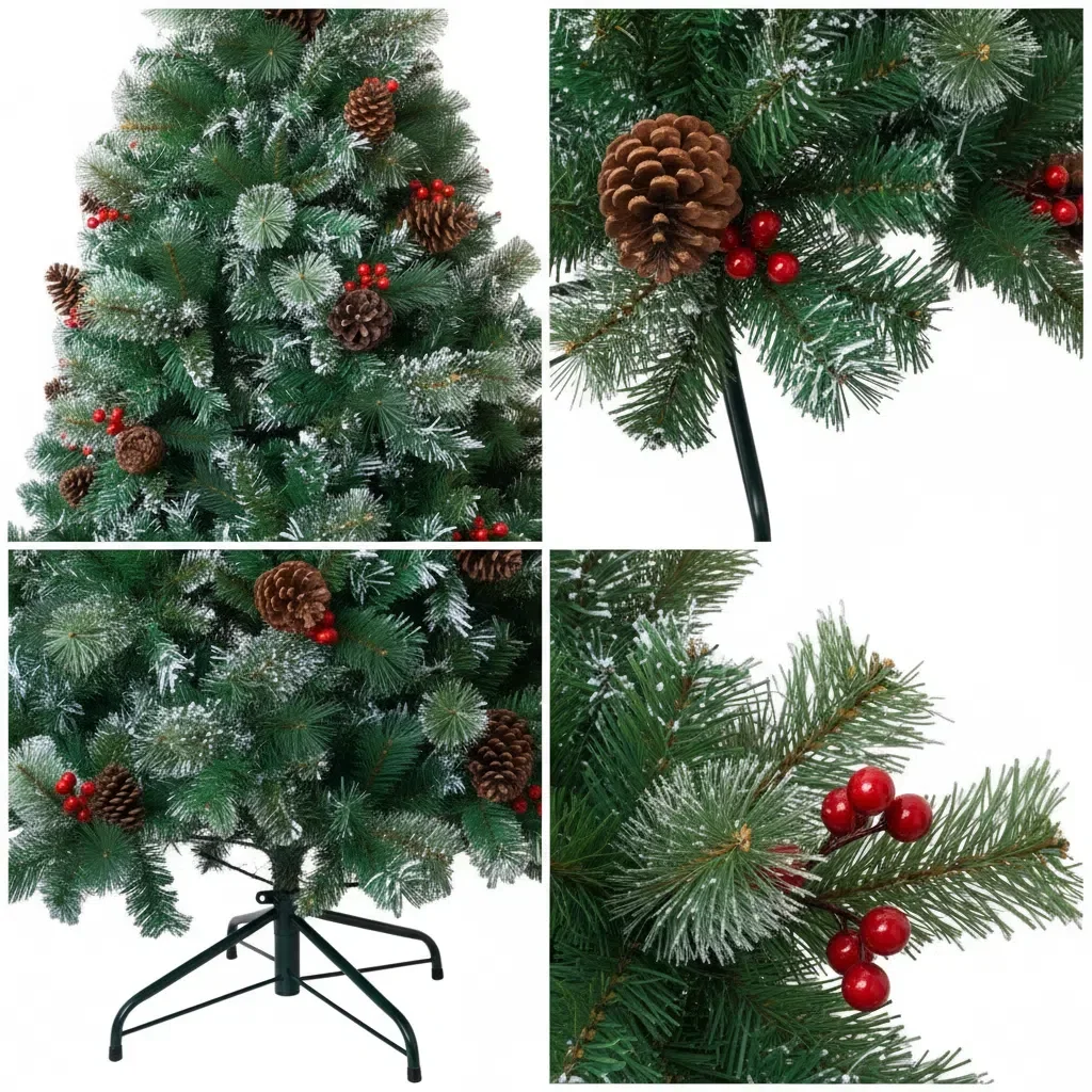 Pre-Lit Artificial Spruce Christmas Tree 180cm 6FT with Large Pinecones & Red Berries, LED Xmas Tree for Home Holiday Decor