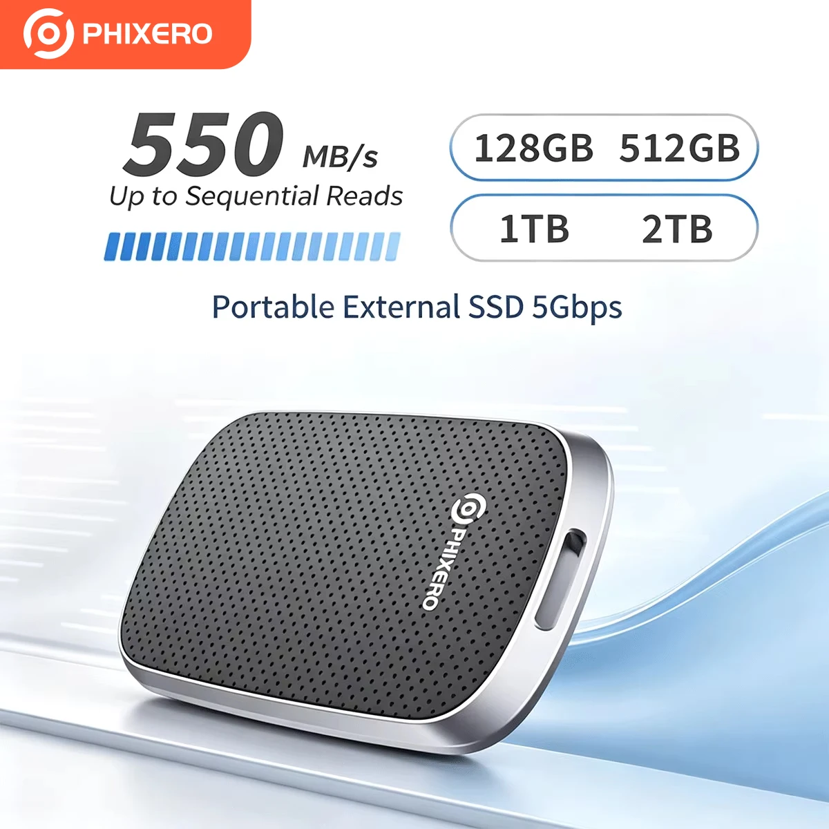PHIXERO 1TB External SSD 128GB 256GB 512GB 1TB Up to 550MB/S Portable Solid State Drive Storage PSSD 5Gbps For Tablets Laptops
