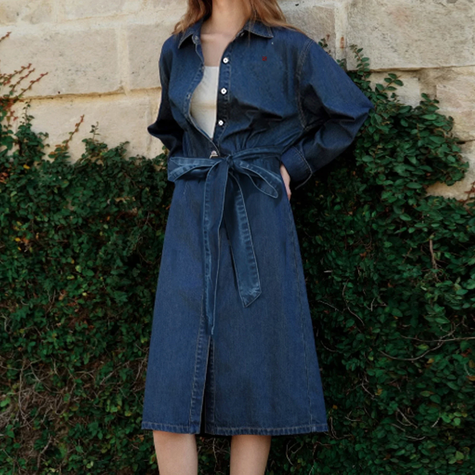 CHCH-Robe Longue Brodée en Denim pour Femme, Chemise Élégante à Col Polo, Manches sulf, Poches, Bureau