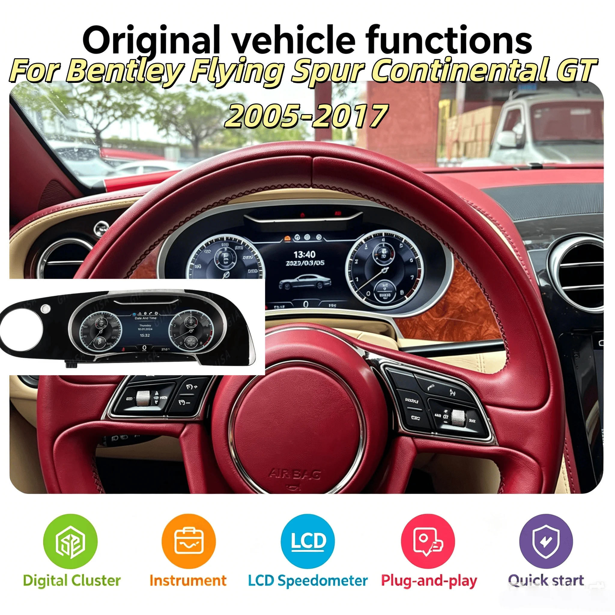 H For Bentley Flying Spur Continental GT 2005-2017 Digital Instrument Cluster Speedometer Dashboard Odometer Gauge Dash 12.3”