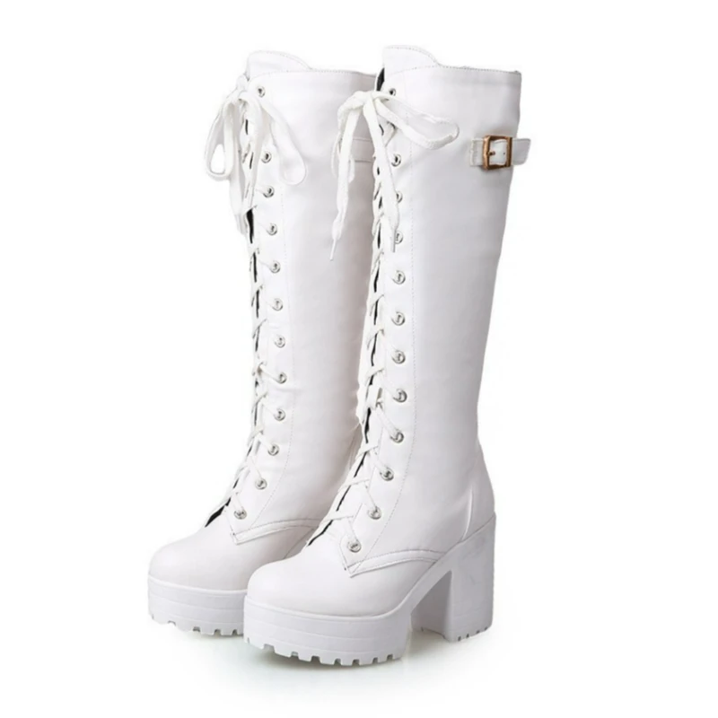 

2026 Women's Boots Lace Up Knee High Boots Fashion White Square Heel Leather Shoes Buckle High Heeled Boot PU Platform Long Boot