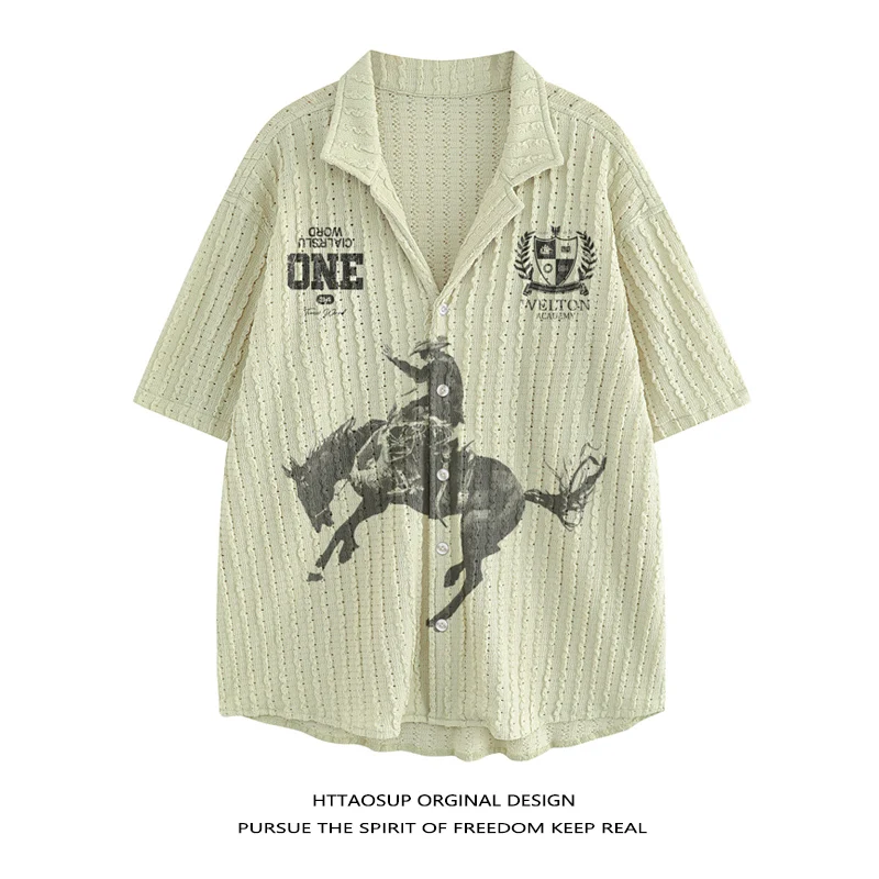 

HTTAOSUP American Retro Mustang Character Print Casual Short Sleeve Shirt Loose Fit Men's Fashionable Polyester Blend Summer Top