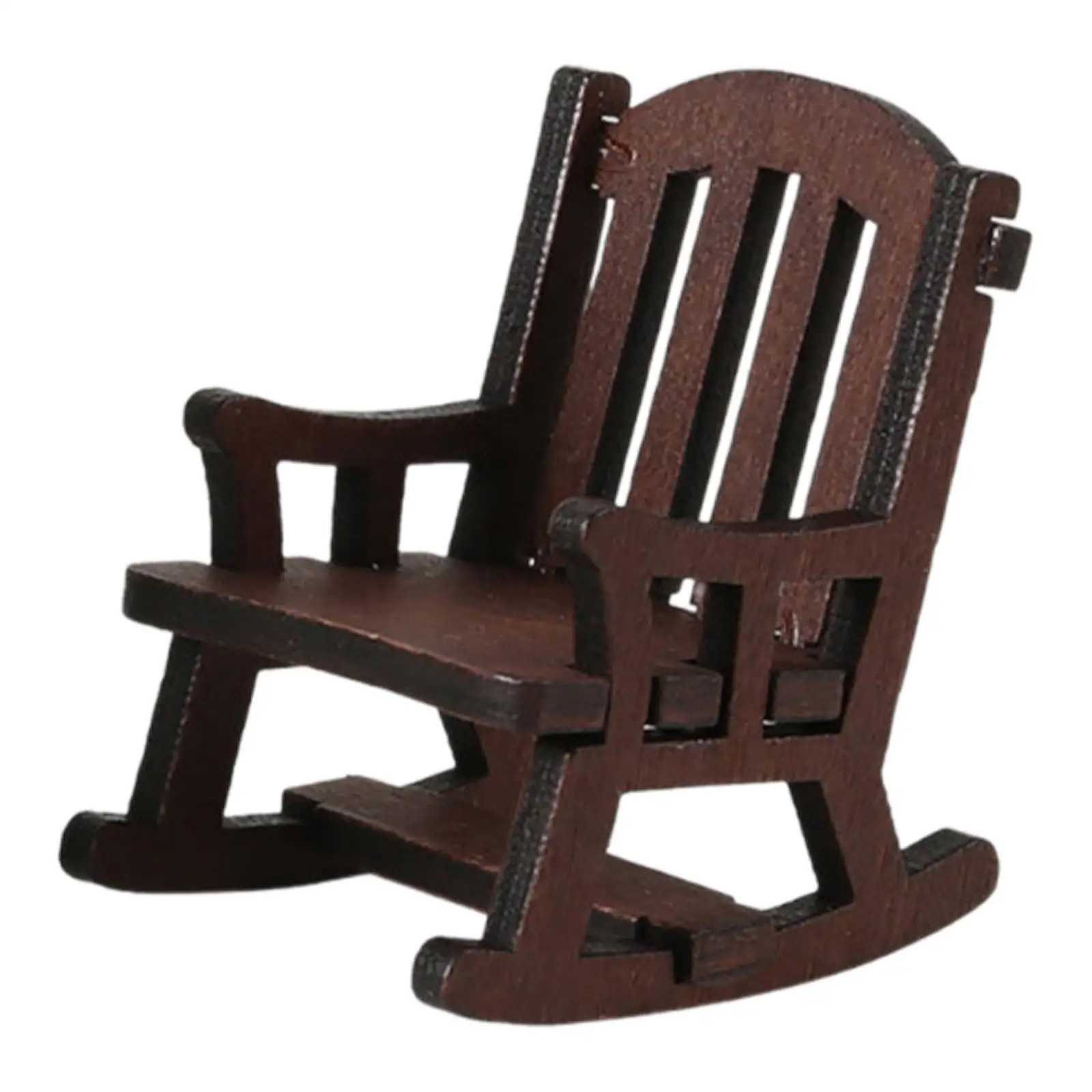 1/12 Holz Schaukelstuhl Handwerk Holz Mini Stuhl mit hoher Rückenlehne Modell für Gebäude Miniaturszene Architekturmodell Zugdekoration