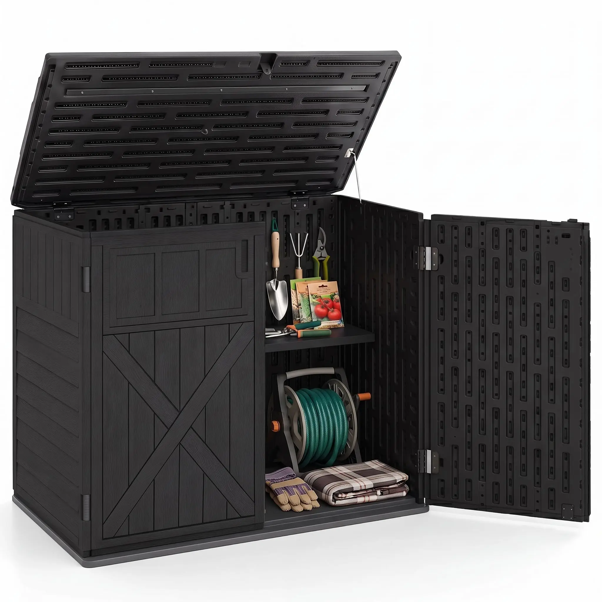 Horizontal Outdoor Storage Cabinet, 20 Cu.Ft Resin Shed, Black
