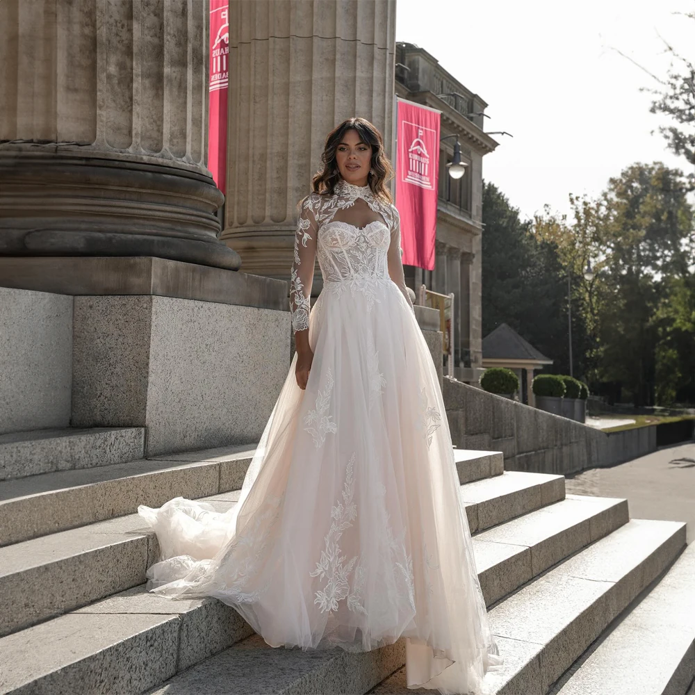 Robe de mariée en dentelle avec cape pour femme, col en cœur, appliques en tulle, ligne A, cour élégante, robe de patients