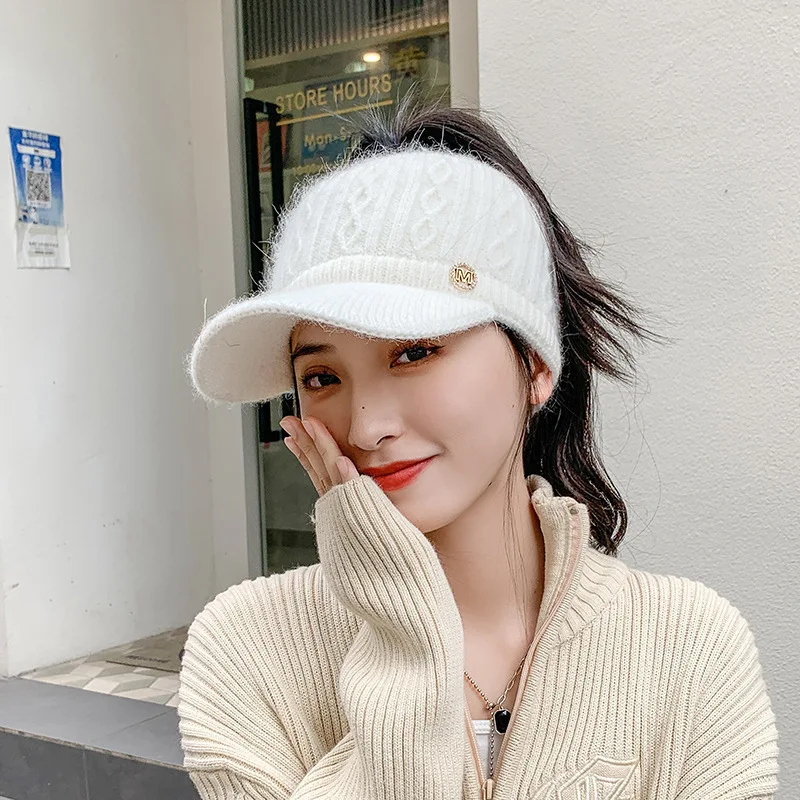 Winter Knitted Hat for Women with Earflaps Ponytail Hole Warm Baseball Cap Outdoor Sport Windproof Visor Hat 2026 Fashion