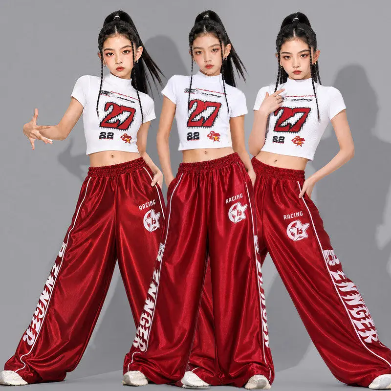 

Girl Kpop Dance Clothes Hip Hop Jazz Outfit White Crop Top Red Pants Kid School Show Performance Clothing Street Dancewear 3865