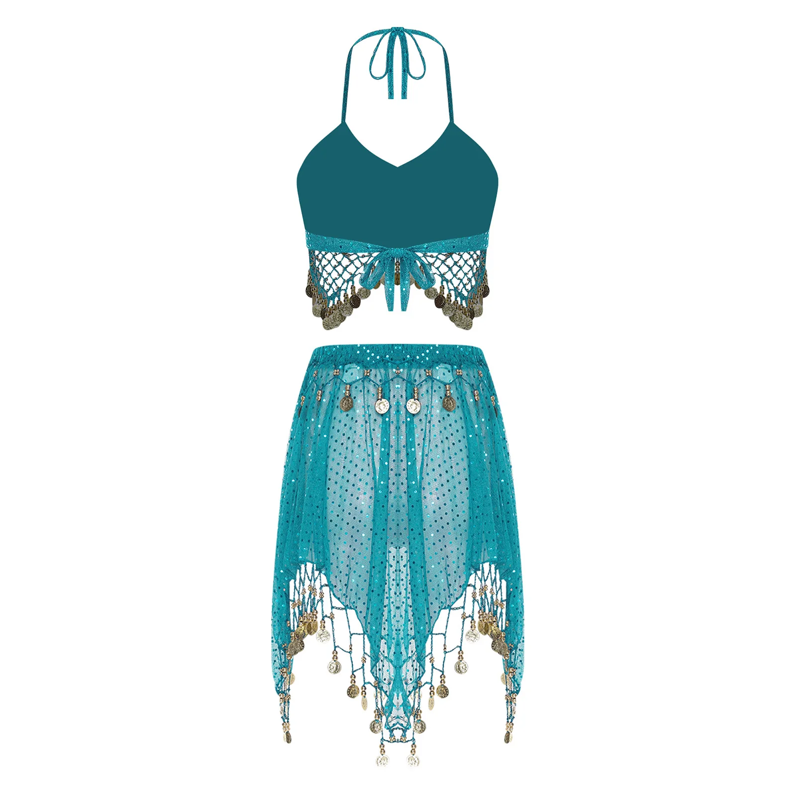 Vrouwen Buikdans Outfit 2-delige Metallic Kwastje Zoom Bh En Rokken Set Arabische Prinses Kostuum voor Halloween Cosplay