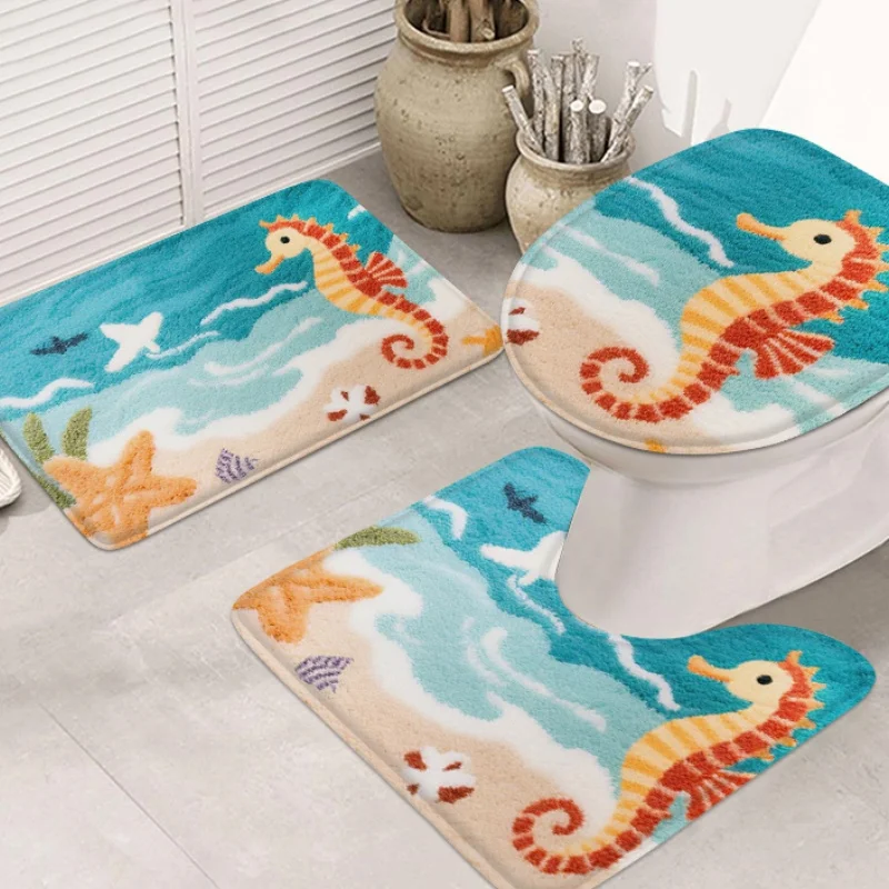 

Cartoon Seahorse Toilet Mat Set: Non-Slip Flannel Pad for Bathroom Floor and Door, 3PCS U-Shaped