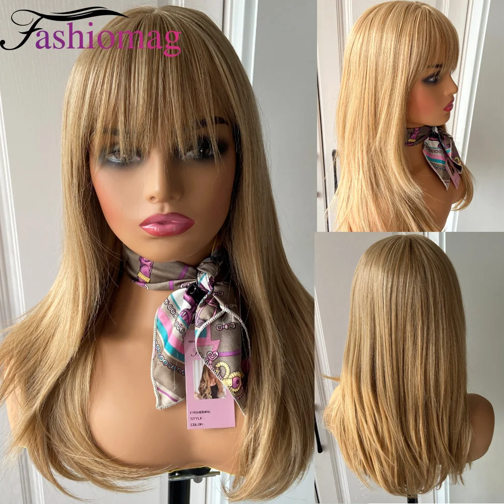 Fashiomag Long Straight Blonde Mix Synthetic Hair Wigs With Bangs Women Soft Natural Daily Use Party Wigs