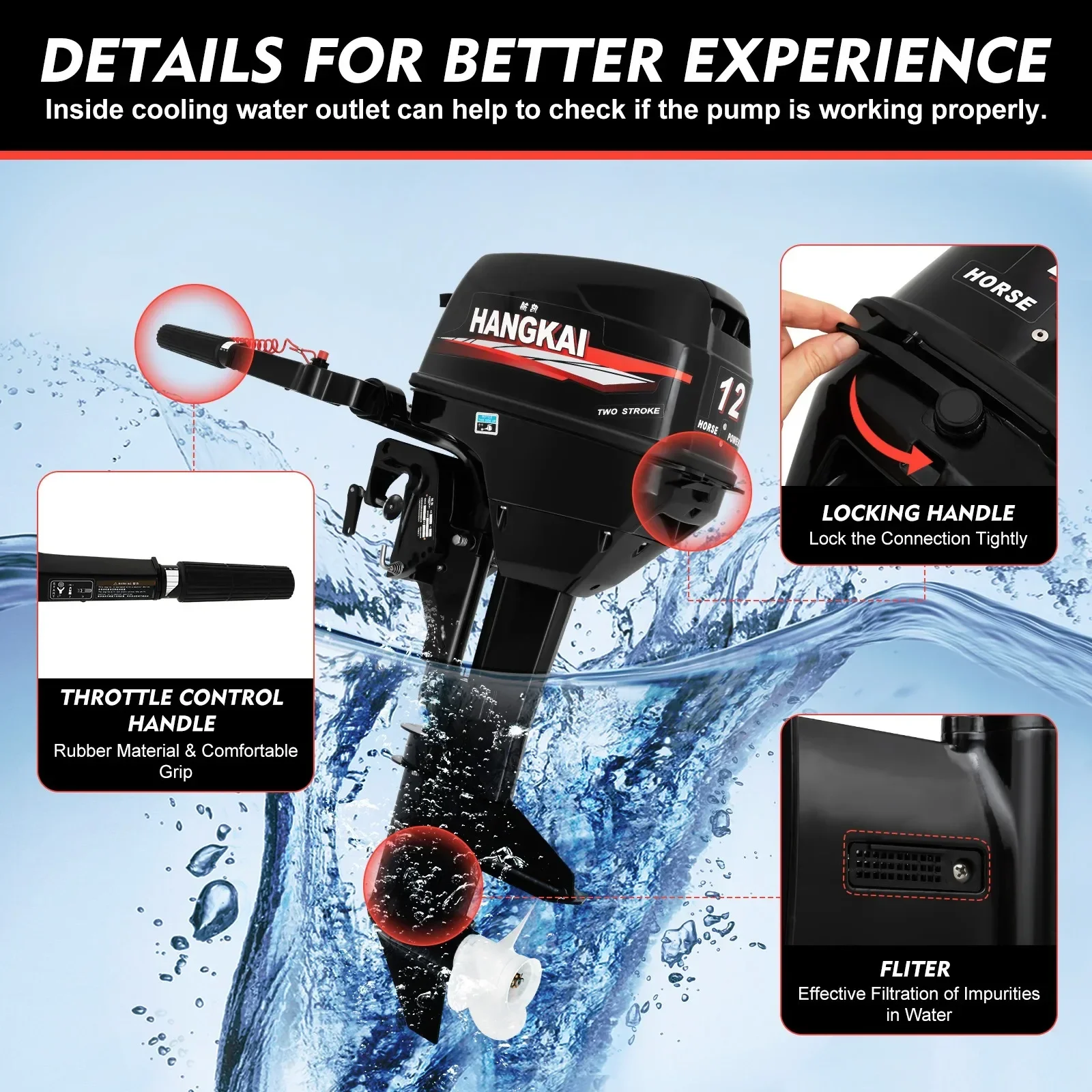 Bymaocar 2-Stroke 12HP محرك خارجي بعمود قصير مزدوج الأسطوانة، محرك بنزين مبرد بالماء 4500-5500r/min لقوارب الصيد