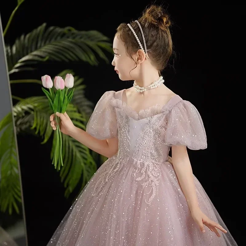 

Flower Girl Dress 2024 Spring New Pink Bubble Sleeve Walk Show Host Piano Performance Birthday Children's Performance