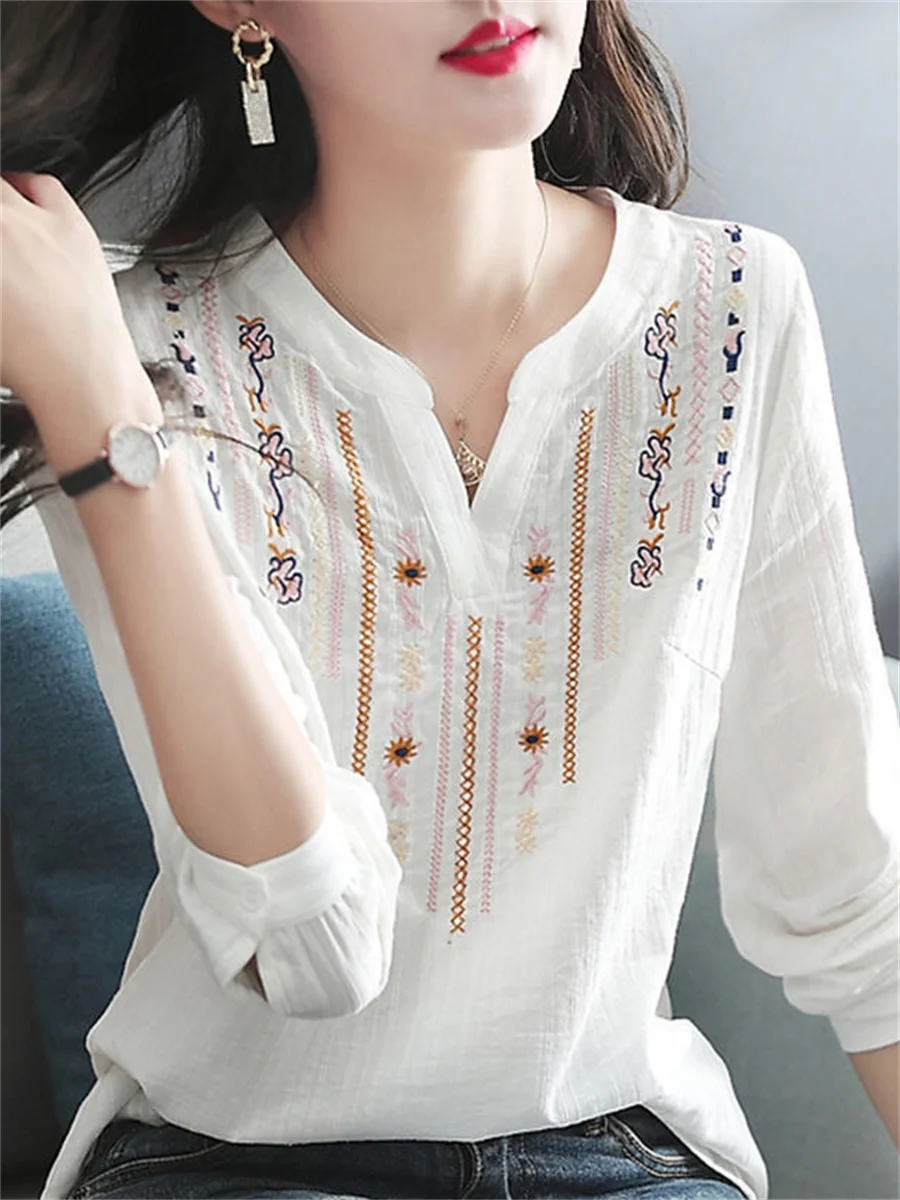 Kobiety Wiosna Jesień Białe Bluzki Topy Lady Casual Haft V-Neck Długi Rękaw Vintage Luźny Blusas Top DF4272