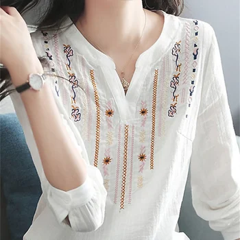 Women Spring Autumn White Blouses Tops Lady Casual Embroidery V-Neck Long Sleeve Vintage Loose Blusas Top DF4272