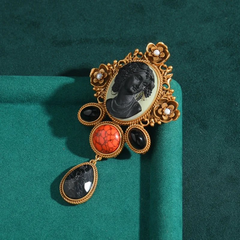 Vintage Cameo Head Orange Water Drop Black Rhinestone Brooch For Woman Dress Party Luxury Brand Jewelry High Quality Gift New