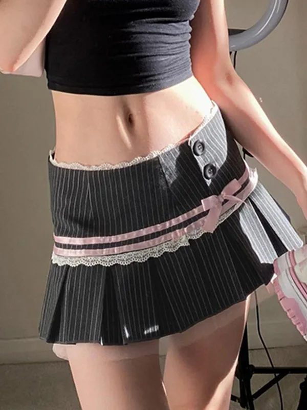 

Плиссированная юбка с низкой талией, кружевная лоскутная юбка в полоску с узлом, сладкая и пряная модная китайская этническая одежда для девочек