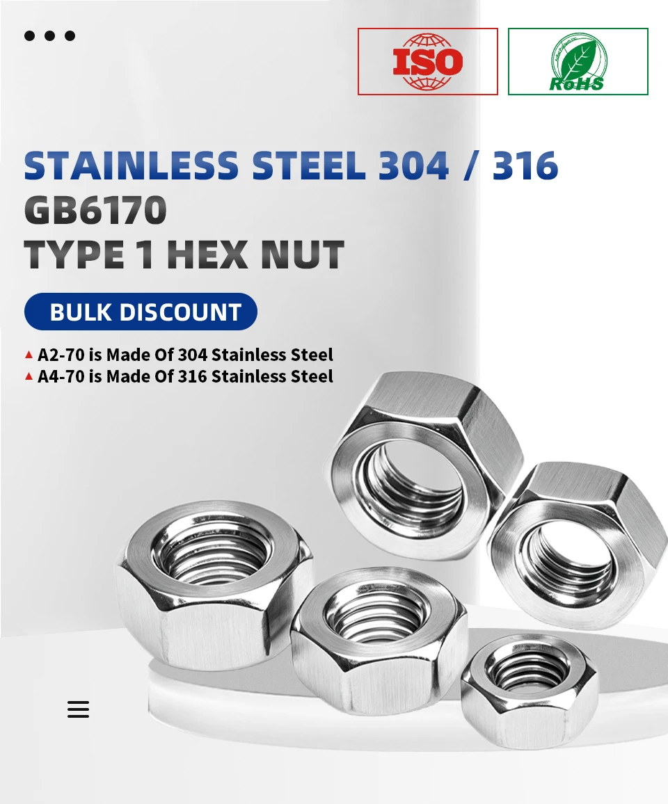 Höhere Festigkeit GB6170 Typ1 Sechskantmutter Dicker als Standardmutter 304&316 Edelstahl M4 M5 M6 M8 M10 M12 M14 M16 M18 M20 M22 M24 M27 M30 – Detail 1