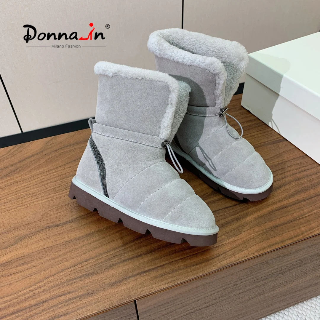 Donna-in Women Snow Boots Warm Wool Slip-on Round Toe Thick-soled Boots Beaded Elastic Cow Suede Leather Lazy Winter Boots